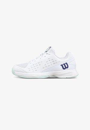 Weißer Sportschuh mit hellgrüner Sohle, perforierten Seitenpaneelen und navyblauem "W"-Logo an der Ferse, von der Außenseite betrachtet.