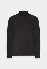 Chaqueta de forro polar negra con cuello alto, cremallera frontal y mangas largas. Textura suave y diseño minimalista. Sin patrones ni detalles visibles.