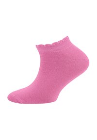 Hellrosa Knöchelsocke mit einem gewellten Bund, hergestellt aus einem glatten Strickstoff, mit einer passgenauen Form und nahtlosem Zehenbereich.