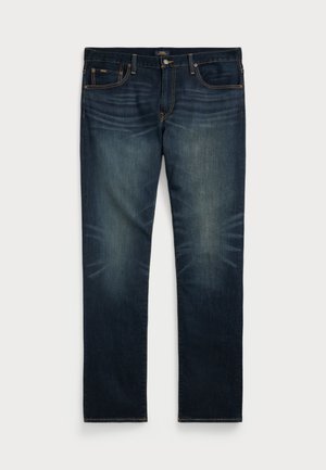 Tume sinine denim lahkus sirge lõikega, millel on hajunud aktsendid reitel, kontrastõmblused ja viie taskuga disain.