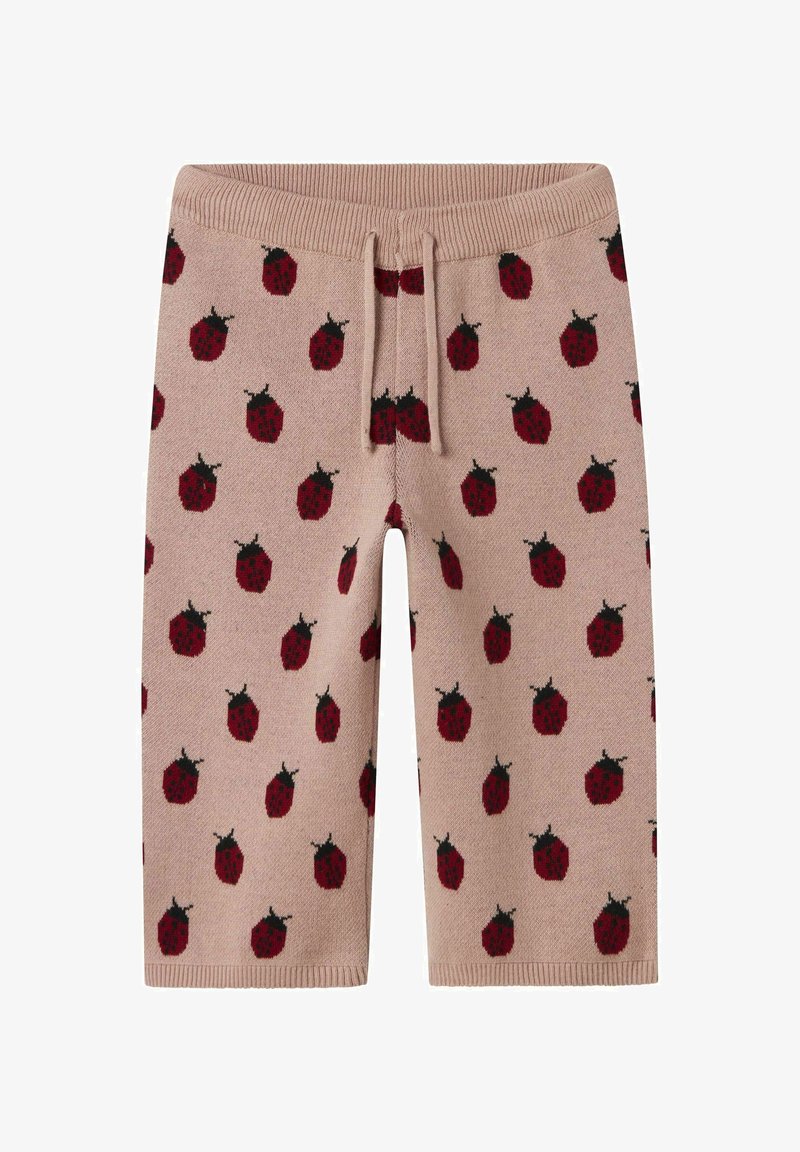 Pletene hlače kratke u svijetloružičastoj boji s ponavljajućim uzorkom crvenih bubamara, s elastičnom trakom u struku i vezicom za prilagodljivu veličinu.