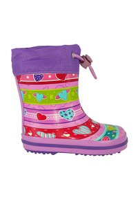 Botte de pluie en caoutchouc colorée avec un haut violet, présentant des motifs rayés de cœurs dans des tons rouge, rose, vert et bleu. Comprend un cordon de serrage.