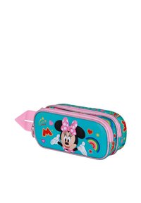 Trousse Minnie Mouse, en tissu turquoise, avec une fermeture éclair rose et une poignée. Présente des motifs colorés avec des cœurs, des arcs-en-ciel et des étoiles.