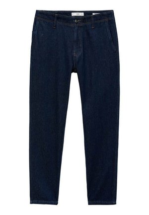 Dark blue denim trousers with a straight fit. Features include five pockets, belt loops, and a zip fly with button closure.