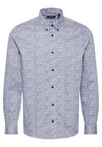 Blå knäppskjorta med ett litet blommönster, tillverkad av lättviktsmaterial; har en klassisk krage och långa ärmar med knäppningar.