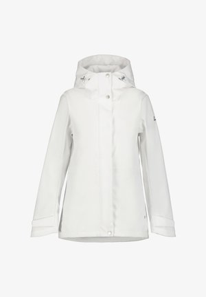 Weiße wasserdichte Jacke mit hohem Kragen, verstellbarem Kapuze und Druckknöpfen. Besitzt lange Ärmel und eine glatte, matte Oberfläche.