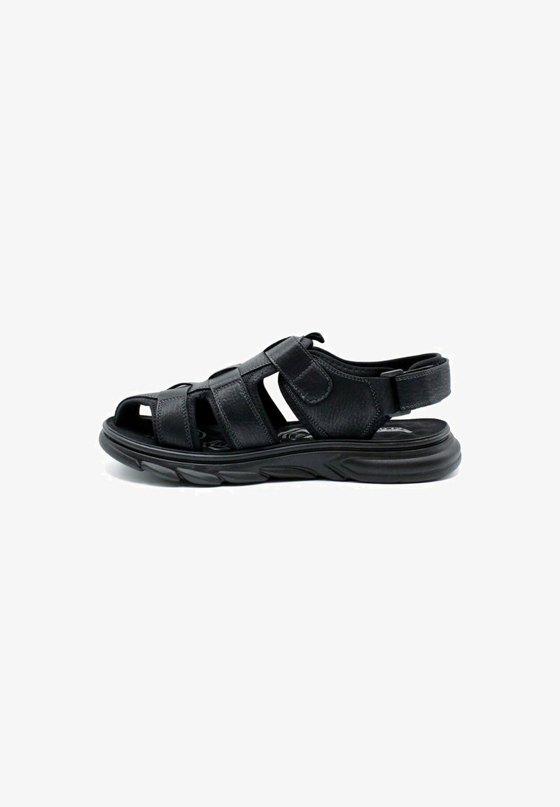 Sandal en cuir noir avec plusieurs sangles ajustables, design ouvert à l'avant, semelle rembourrée et talon arrondi pour plus de confort et de soutien.