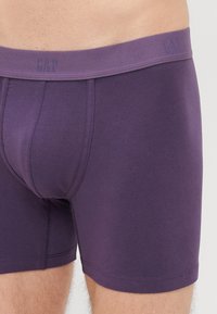 Boxer briefs de algodão roxo com uma banda macia com o logótipo "GAP". O tecido é liso e ajustado, com costuras planas para conforto.