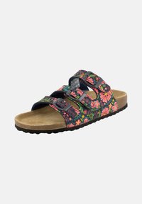 Sandales à glissière avec un motif floral, dotées de trois sangles ajustables, d'une semelle intérieure douce et d'une semelle extérieure en caoutchouc texturé. Les couleurs dominantes sont le noir, le rose et le vert.