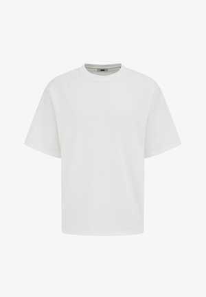 Lihtne valge lühikeste varrukatega ümara kaelusega t-särk, millel on lõdvestunud istuvus, valgel taustal.