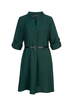Grünes knielanges Kleid mit Mandarin-Kragen, 3/4-Rollärmeln und einem schwarzen Gürtel. Hergestellt aus einem strukturierten Stoff mit lockerer Passform.