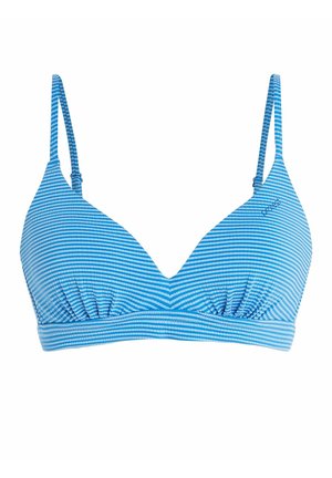 Sininen ja valkoinen raidallinen bikinitoppi, jossa on kolmiomainen muoto, rypytetty yksityiskohta keskellä ja säädettävät olkaimet.