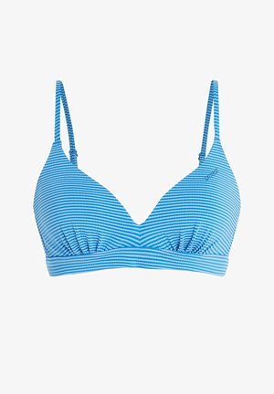 Sininen ja valkoinen raidallinen bikinitoppi, jossa on kolmiomainen muoto, rypytetty yksityiskohta keskellä ja säädettävät olkaimet.