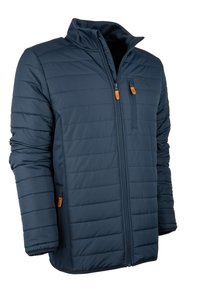 Marineblaue Steppjacke mit horizontalem Steppmuster, Reißverschlusstaschen, hohem Kragen und kontrastierenden orangen Reißverschlusslaschen. Glattes, leichtes Material.