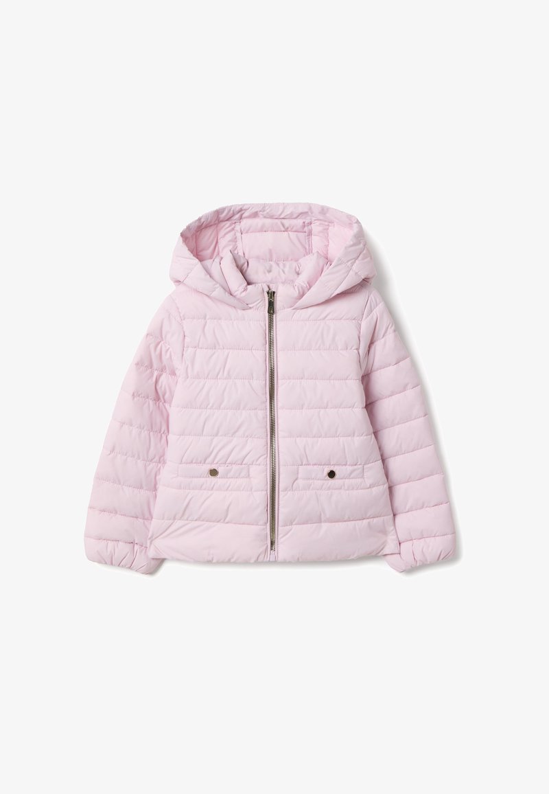 Lichtroze gewatteerd jack met capuchon, ritssluiting, horizontaal doorgestikt patroon, twee steekzakken aan de voorkant en accenten van zilverkleurig beslag.