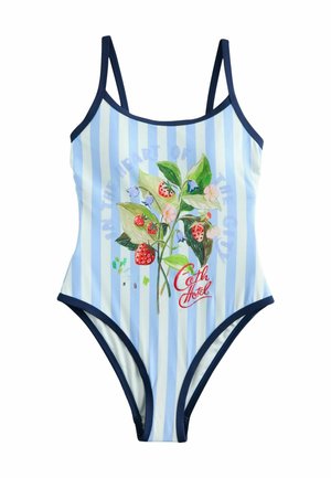 Costum de baie întreg cu dungi albastre și albe și bretele subțiri bleumarin, cu o imagine centrală cu plante de căpșuni și textul „Cath Hotel“.