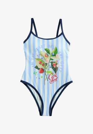 Kék-fehér csíkos egyrészes fürdőruha vékony tengerészkék pántokkal, központi mintán epernövények és "Cath Hotel" felirat.