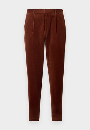 Pantaloni din catifea de culoare maro, cu o croială dreaptă, dotati cu pliseuri în față, două buzunare laterale și o textură netedă. Potriviți pentru îmbrăcăminte casual.