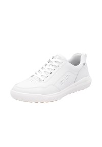 Weiße Sneakers mit glattem Lederoberstoff, Schnürdesign, durchlöcherten Akzenten, runder Zehenpartie und Gummisohle mit hellfarbigem Profil.