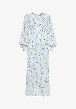 Kwiatowa długa sukienka z lekkiego materiału; biała baza z kolorowymi nadrukami kwiatów. Posiada długie bufiaste rękawy oraz dopasowaną górę z luźną spódnicą.