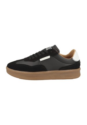 Sort og grå sneaker med gummisål, snørelukning foran, hvid hældetalje og beige indvendig foring, vist fra siden på en hvid baggrund.