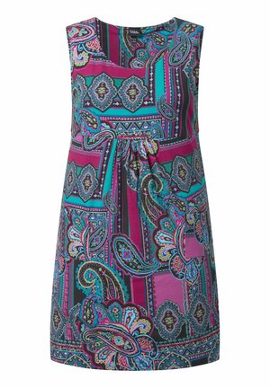 Ærmeløs kjole med flerfarvet paisley- og geometrisk print i nuancer af lilla, teal, sort og pink, med en detaljeret, rynket talje.