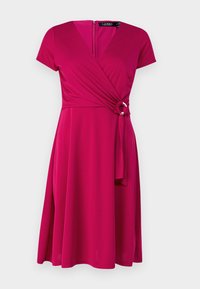 Roe short-sleeve in fuksia kirkkaalla värillä, jossa on vyötärön solmukohta ja A-linjainen hame. Sileä kangas, jossa on hieno kiilto ja vetoketjula closure.