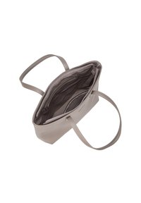 Borsa tote in pelle grigia chiara con due manici lunghi, chiusura con zip superiore e numerose tasche interne, caratterizzata da una texture liscia e un design semplice.