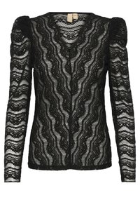 Blusa nera in pizzo con maniche lunghe, design a ondulazioni, scollatura a V e chiusura con bottoni. Tessuto trasparente e strutturato, con spalle a sbuffo.