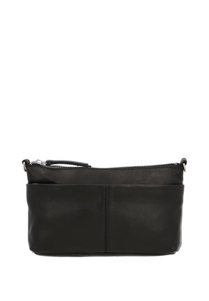 Zwart rechthoekig leren polstasje met een voorvak en een ritssluiting aan de bovenkant.