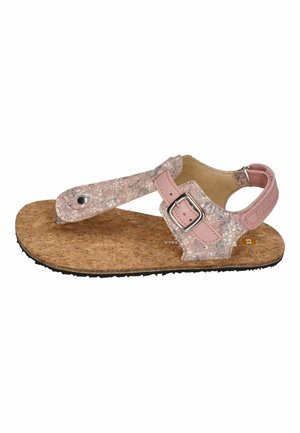 Child-sized pink sandal with cork footbed, adjustable buckle strap, and textured fabric upper with metallic button detail.