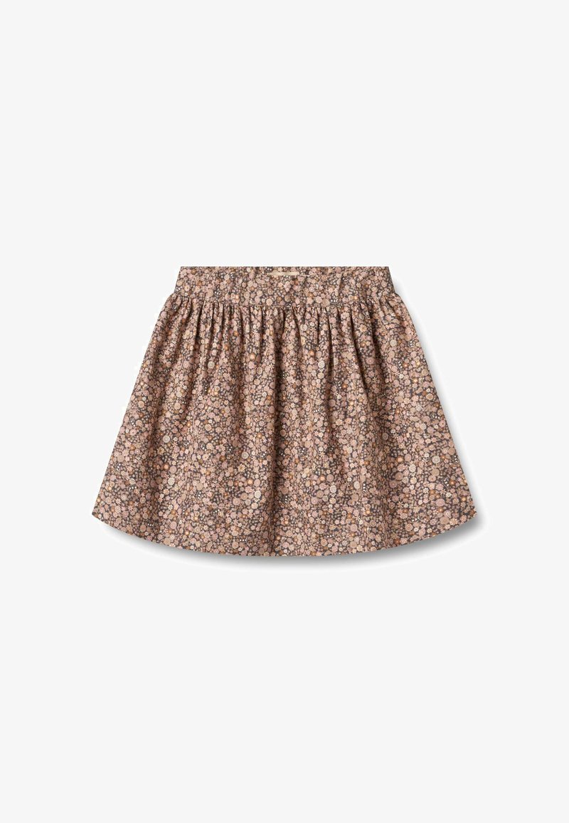Fustă florală marron cu talie strânsă, având flori mici în nuanțe de roz, portocaliu și crem, dintr-un material ușor, siluetă în formă de A, fără închizători vizibile.
