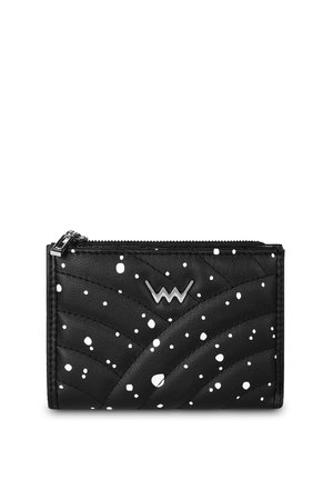 Black leather wallet with quilted pattern, featuring white splatter accents. Zipper closure and a silver logo on the front.