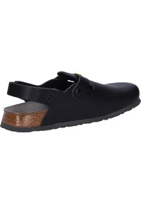 Black rubber clog with a brown textured heel and an adjustable strap. Features a smooth finish and an open back design for easy wear.