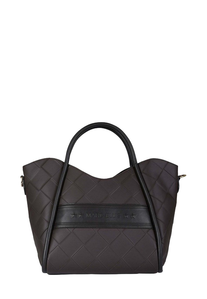 Borsa a spalla nera intrecciata con forma strutturata, caratterizzata da dettagli in pelle liscia e una striscia con il logo. Doppie maniglie per una comoda presa.