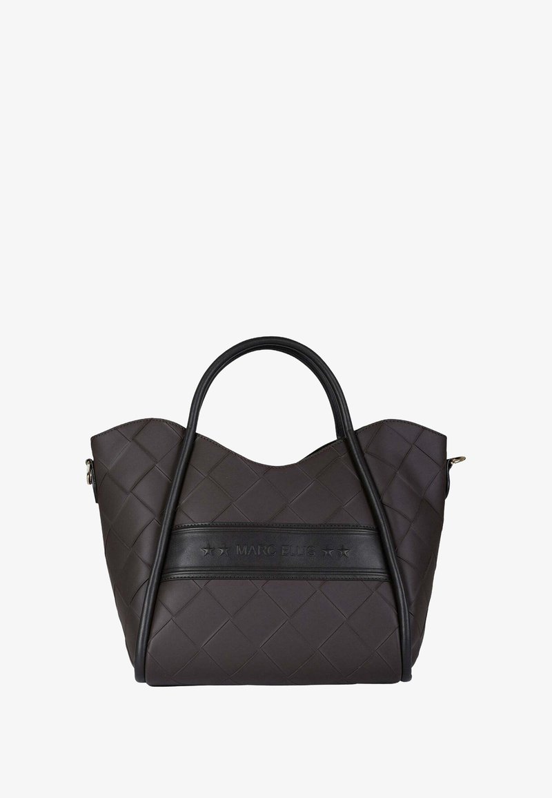 Borsa a spalla nera intrecciata con forma strutturata, caratterizzata da dettagli in pelle liscia e una striscia con il logo. Doppie maniglie per una comoda presa.