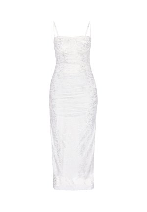 Fehér midi slip ruha vékony spagettipántokkal, fodros mellrésszel és finom csillogó ezüst virágmintával.