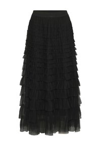 Black tiered maxi skirt with layered ruffle design, made from lightweight tulle fabric. Elastic waistband for comfortable fit.