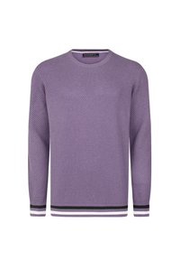 Lila strukturierter Pullover mit langen Ärmeln und rundem Ausschnitt. Hat gestreifte Bündchen in Schwarz, Weiß und Grau. Keine weiteren Muster.