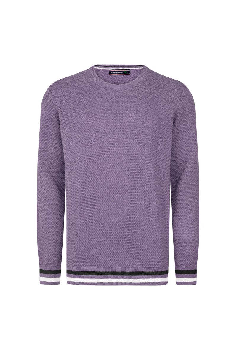 Lila strukturierter Pullover mit langen Ärmeln und rundem Ausschnitt. Hat gestreifte Bündchen in Schwarz, Weiß und Grau. Keine weiteren Muster.