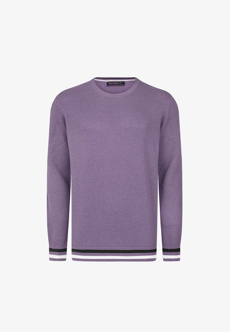 Lila strukturierter Pullover mit langen Ärmeln und rundem Ausschnitt. Hat gestreifte Bündchen in Schwarz, Weiß und Grau. Keine weiteren Muster.