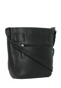 Borsa a tracolla in pelle nera con tasca posteriore con zip, tracolla regolabile e linee pulite. Texture liscia con dettagli cuciti.