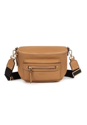 Heuptas van tan leer met voorvak met ritssluiting, verstelbare zwarte band en hardware in goudkleur, met het merk "Hexagona Paris" op het voorvak.