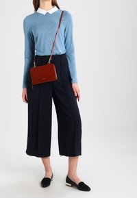 Ljusblå långärmad topp med vit krage, svarta vida byxor, svarta ballerinaskor och en brun axelväska med kedjesnor.