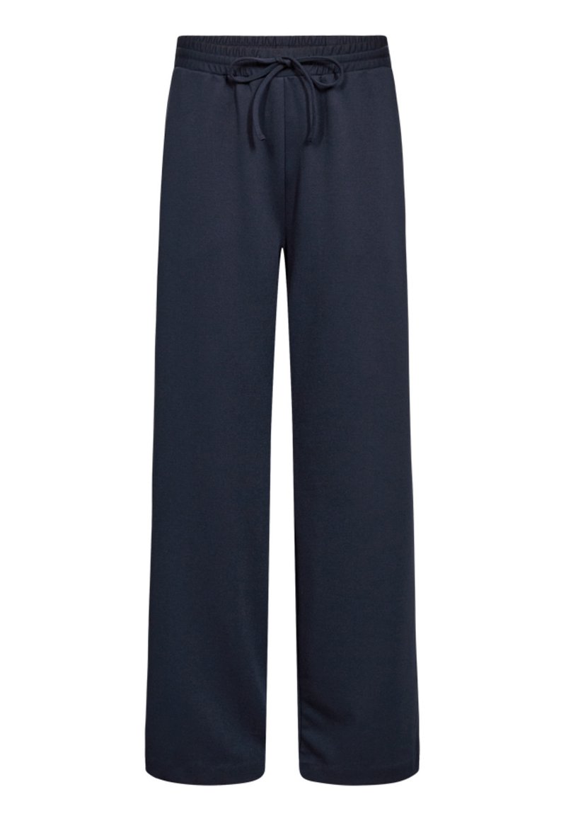Marineblauwe sweatpants met een losse pasvorm, elastische tailleband en trekkoorddetail. Gemaakt van zachte stof met een gladde textuur.