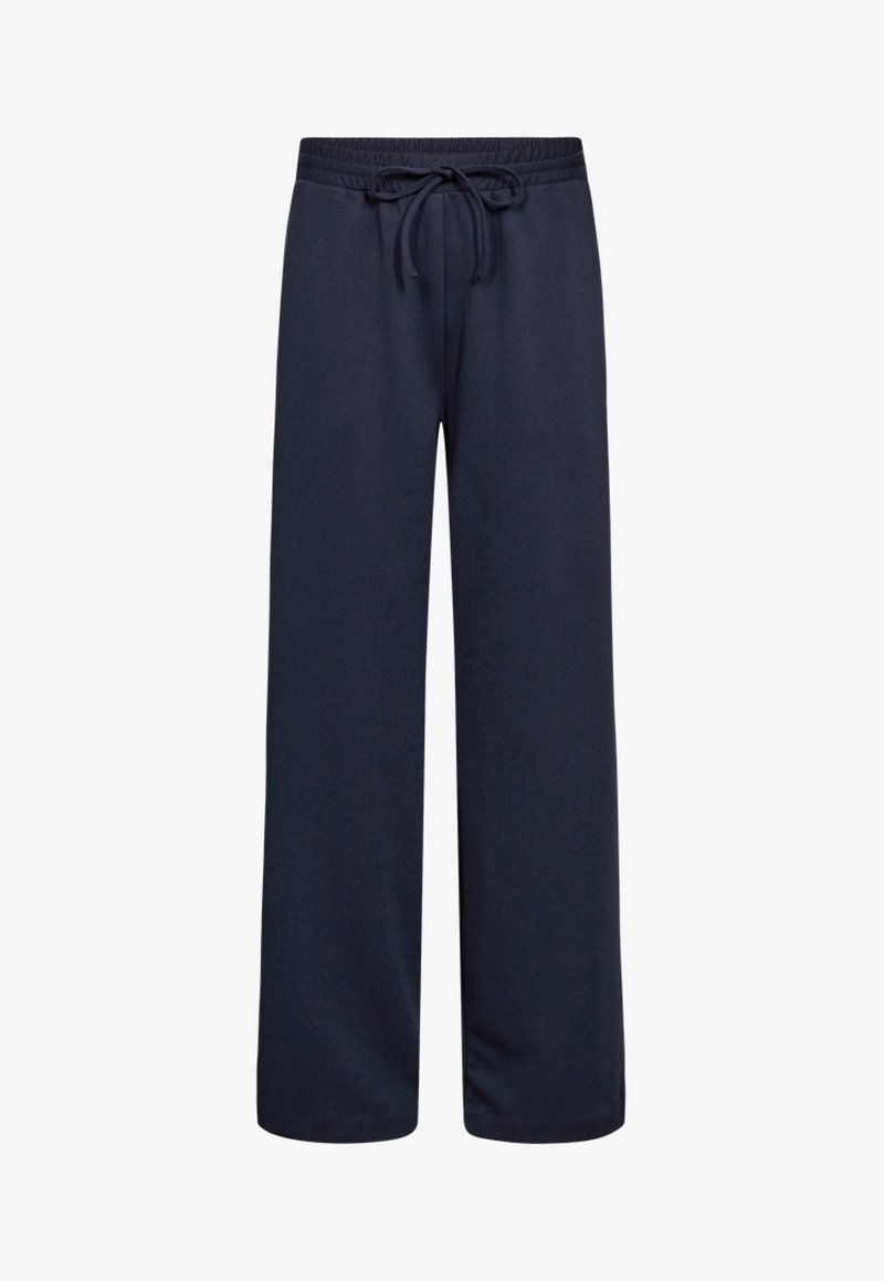 Marineblauwe sweatpants met een losse pasvorm, elastische tailleband en trekkoorddetail. Gemaakt van zachte stof met een gladde textuur.