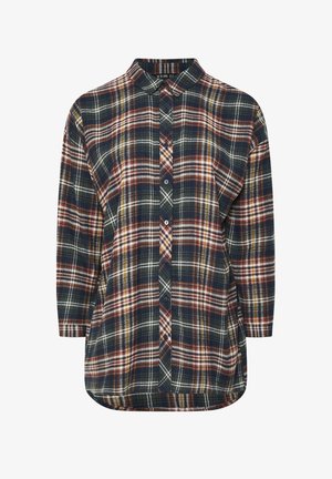 Koszula w kratę z ciemnoniebieskim, czerwonym i białym wzorem, z zapięciem na guziki, kołnierzykiem i długimi rękawami. Wykonana z miękkiej bawełny.