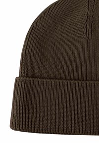 Brown ribbed knit beanie with a rolled cuff. Material shows a textured finish, featuring vertical lines throughout the fabric.