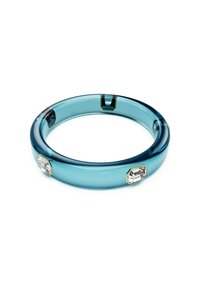 A translucent turquoise bangle with two hexagonal crystal embellishments, set against a white background.