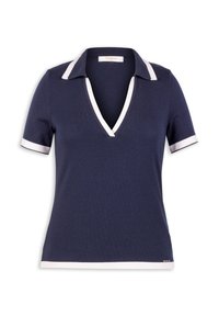 Marinblå pikétröja med korta ärmar, V-ringning, kontrasterande vit krage och ärmkanter, tillverkad av en slät stickad tyg.